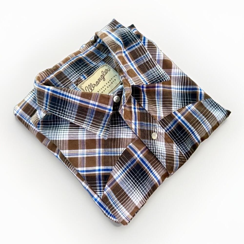 Wrangler Pearl Snap Western Plaid Shirt XL Ranch Rodeo Cowboy Brown Blue